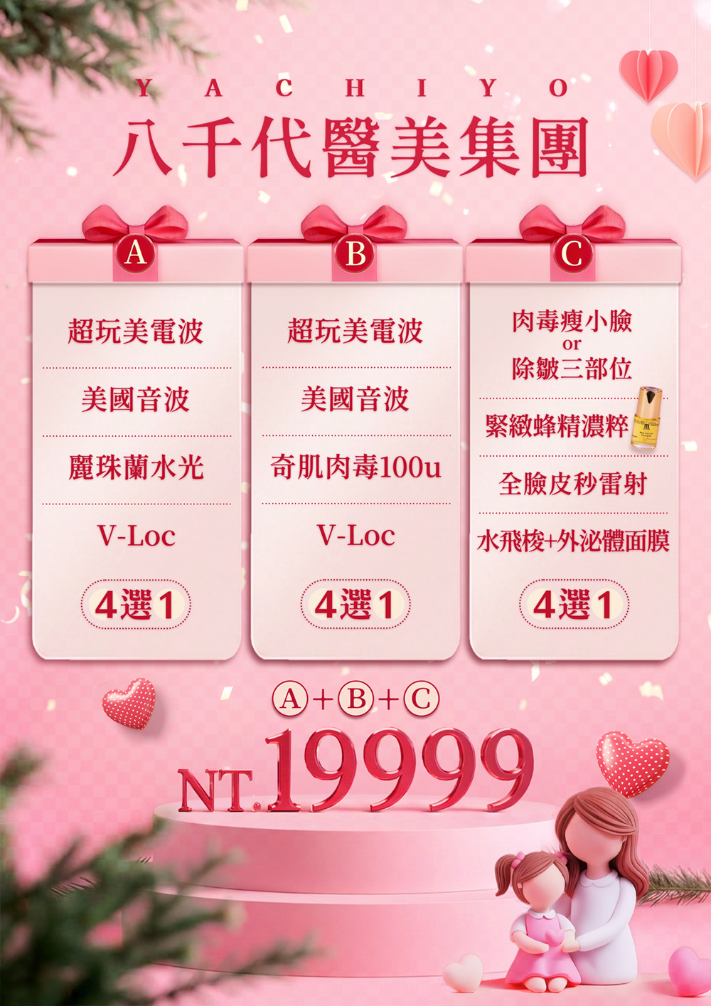 八千代醫美集團母親節寵愛方案，A+B+C三組療程任選搭配，包含超玩美電波、美國音波、麗珠蘭水光、V-Loc、肉毒瘦小臉、除皺、緊緻蜂精濃粹、全臉皮秒雷射與水飛梭面膜，優惠價NT.19999。