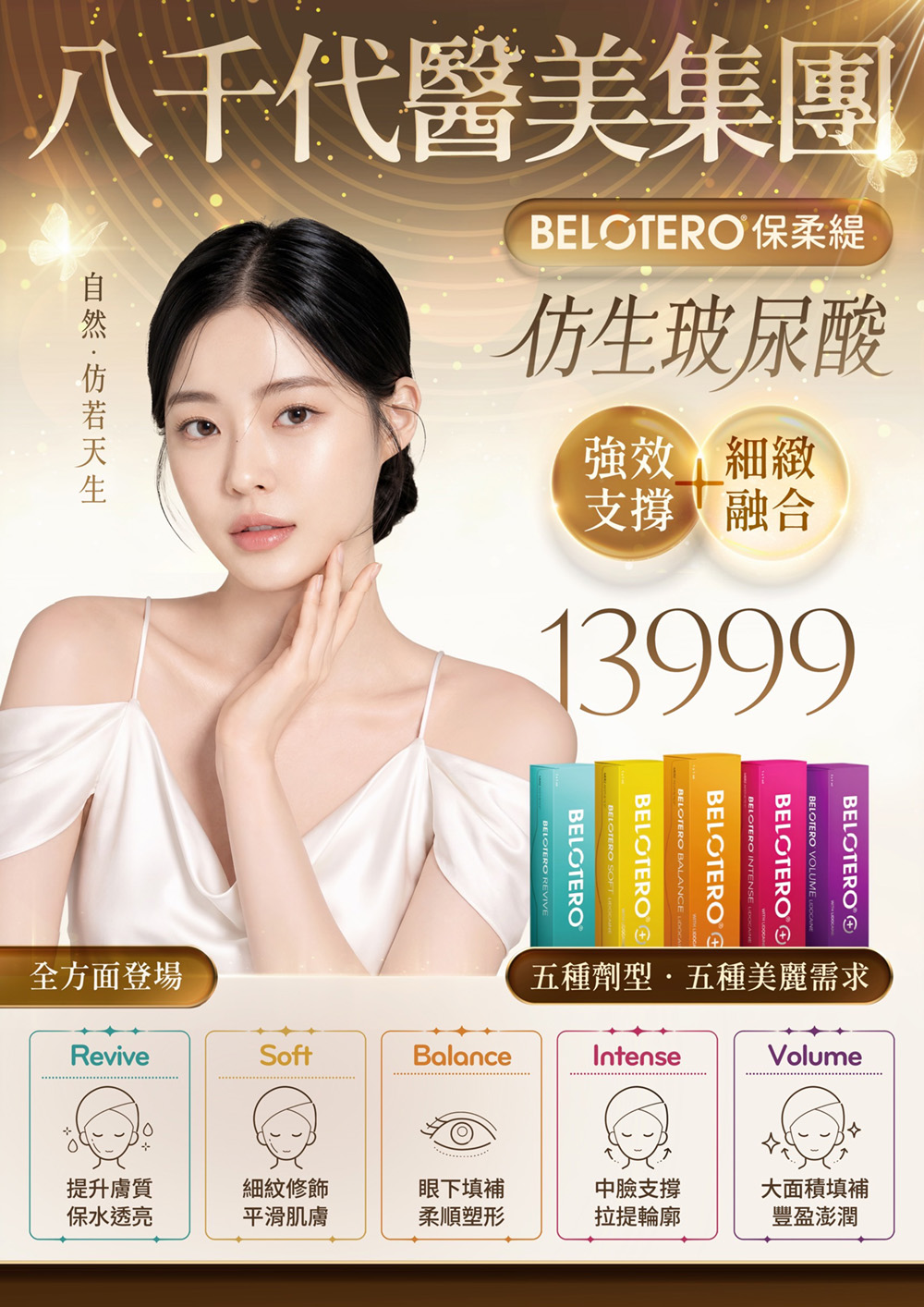 八千代醫美集團 BELotero 保柔緹仿生玻尿酸療程，主打自然仿若天生與細緻融合，提供 Revive、Soft、Balance、Intense、Volume 五種劑型，可依保水透亮、肌膚修飾、眼下填補、中臉支撐及大面積填補等不同需求選擇，活動價格13999元。