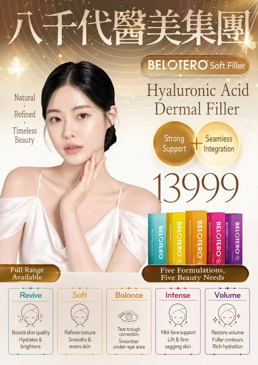 八千代醫美集團 BELotero 保柔緹仿生玻尿酸療程，主打自然仿若天生與細緻融合，提供 Revive、Soft、Balance、Intense、Volume 五種劑型，可依保水透亮、肌膚修飾、眼下填補、中臉支撐及大面積填補等不同需求選擇，活動價格13999元。