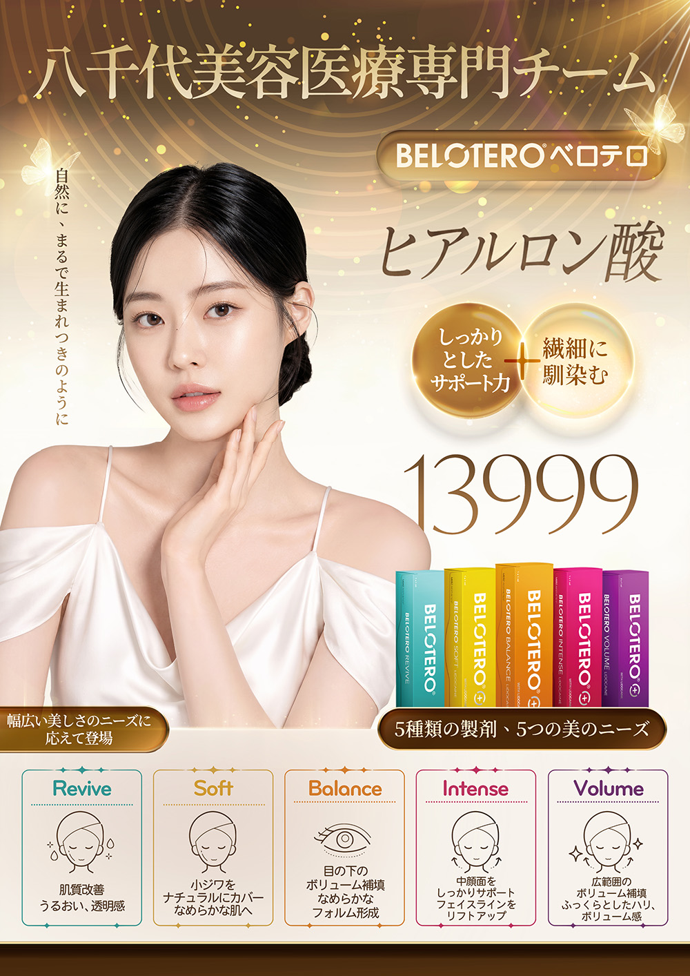 八千代醫美集團 BELotero 保柔緹仿生玻尿酸療程，主打自然仿若天生與細緻融合，提供 Revive、Soft、Balance、Intense、Volume 五種劑型，可依保水透亮、肌膚修飾、眼下填補、中臉支撐及大面積填補等不同需求選擇，活動價格13999元。