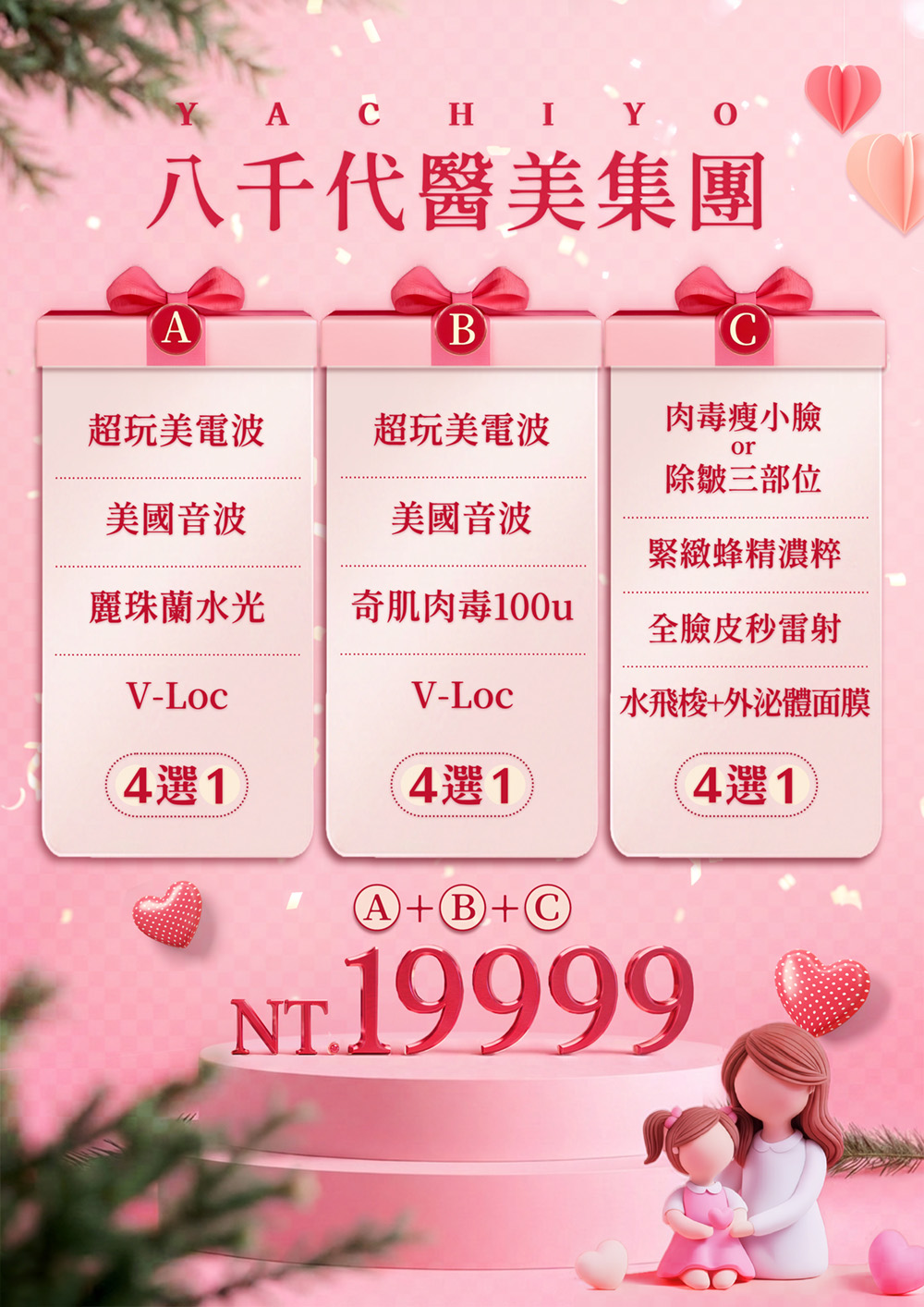 八千代醫美集團母親節寵愛方案，A+B+C三組療程任選搭配，包含超玩美電波、美國音波、麗珠蘭水光、V-Loc、肉毒瘦小臉、除皺、緊緻蜂精濃粹、全臉皮秒雷射與水飛梭面膜，優惠價NT.19999。