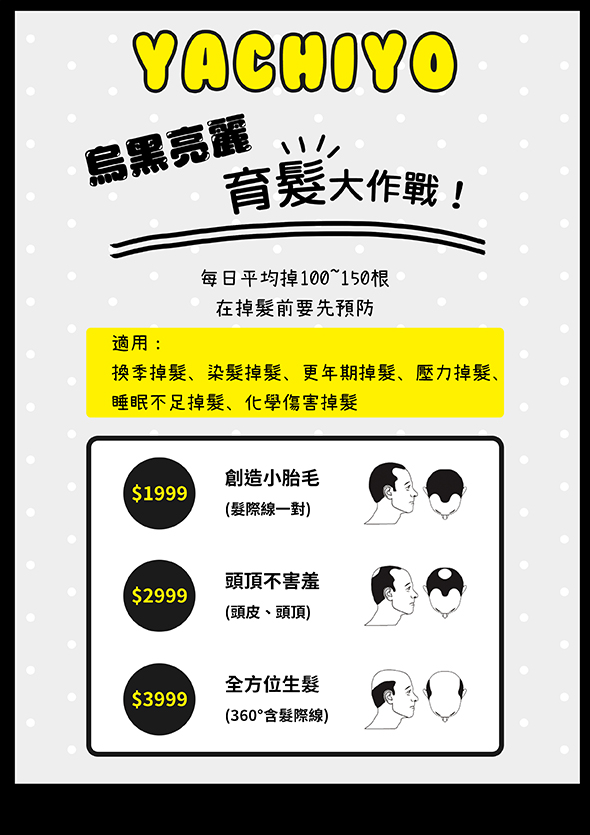 八千代醫美集團烏黑亮麗育髮大作戰療程宣傳海報，主打針對換季掉髮、染髮掉髮、更年期掉髮、壓力掉髮、睡眠不足掉髮與化學損傷掉髮等問題的專業預防與改善方案。療程包含：創造小胎毛（髮際線一對 $1999）、頭頂不害羞（頭皮與頭頂 $2999）、全方位生髮（360°含髮際線 $3999），有效強化毛囊健康、刺激生髮，恢復濃密烏黑髮量。