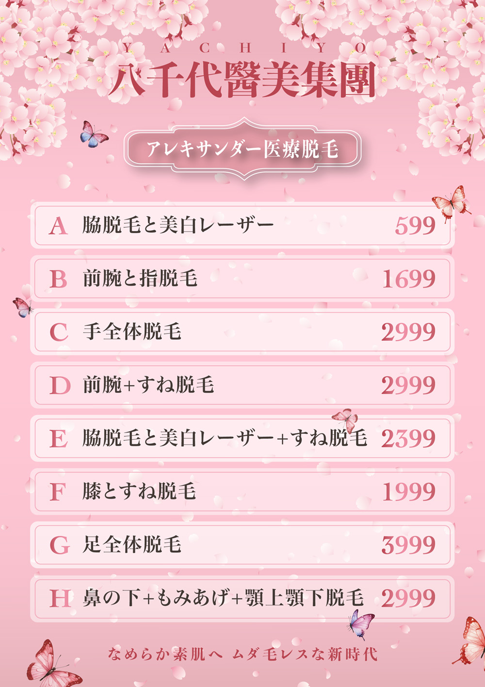 八千代醫美集團亞歷山大雷射除毛價格方案表，粉紅櫻花背景。列出多種除毛組合與價格，包括腋下除毛+煥白599元、下手臂毛+手指毛1699元、上下手臂+手肘+手背+手指毛2999元、下手臂+小腿除毛2999元、腋下除毛+煥白+小腿除毛2399元、膝蓋+小腿除毛1999元、大腿+小腿+膝蓋+腳背+腳趾毛3999元，以及落腮毛+人中毛+下顎毛2999元。底部文字「光滑裸肌時尚，從此揮別毛髮