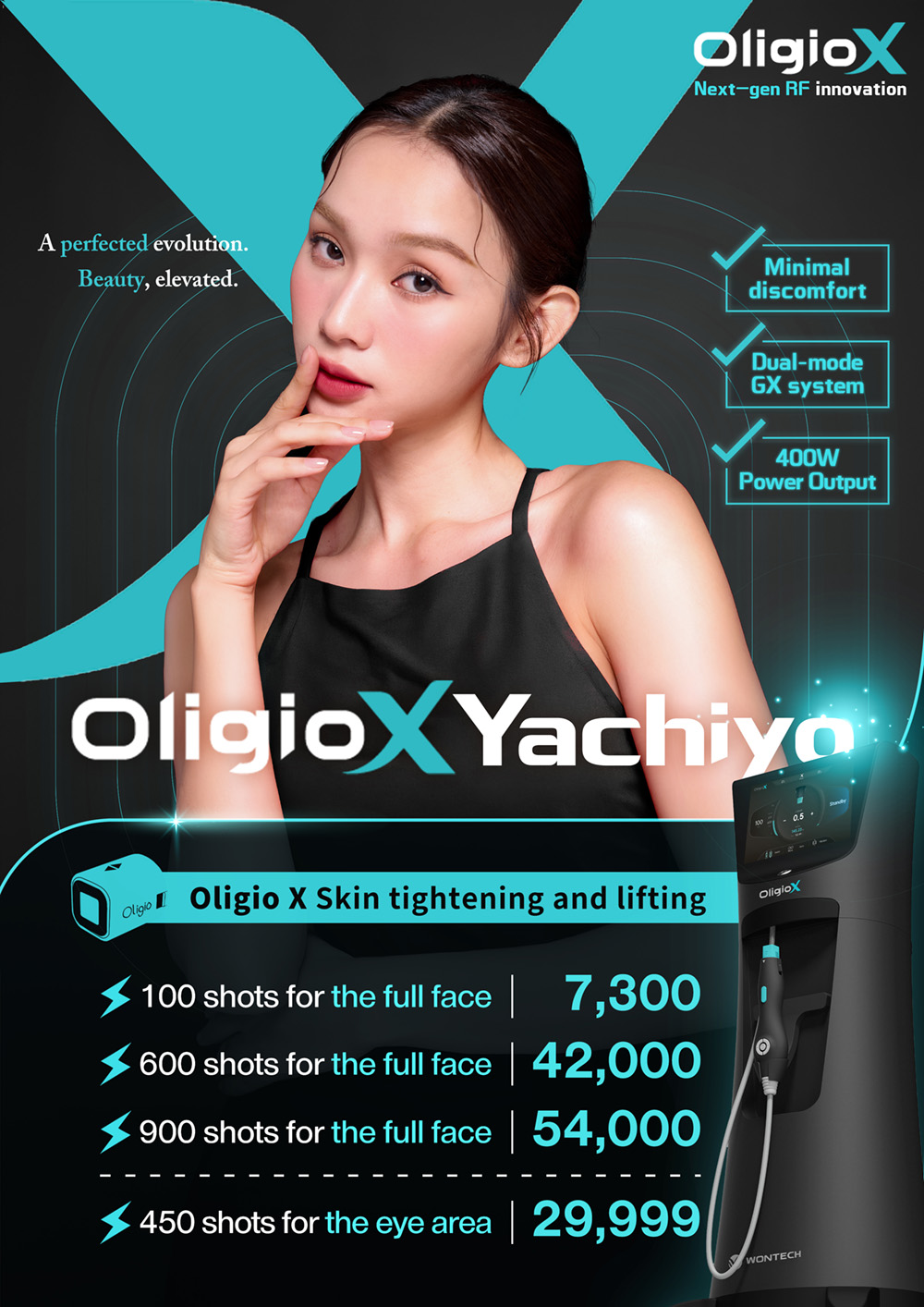 OligioX全新黑科技電波海報，主題「超玩美X八千代醫美集團」，強調極低痛感、GX雙模式、400W功率與「創新雙模式」單極電波緊實抗皺有感升級；療程價格：臉部100發7,300、臉部600發42,000、臉部900發54,000、眼周450發29,999，右側展示OligioX電波儀器與探頭。