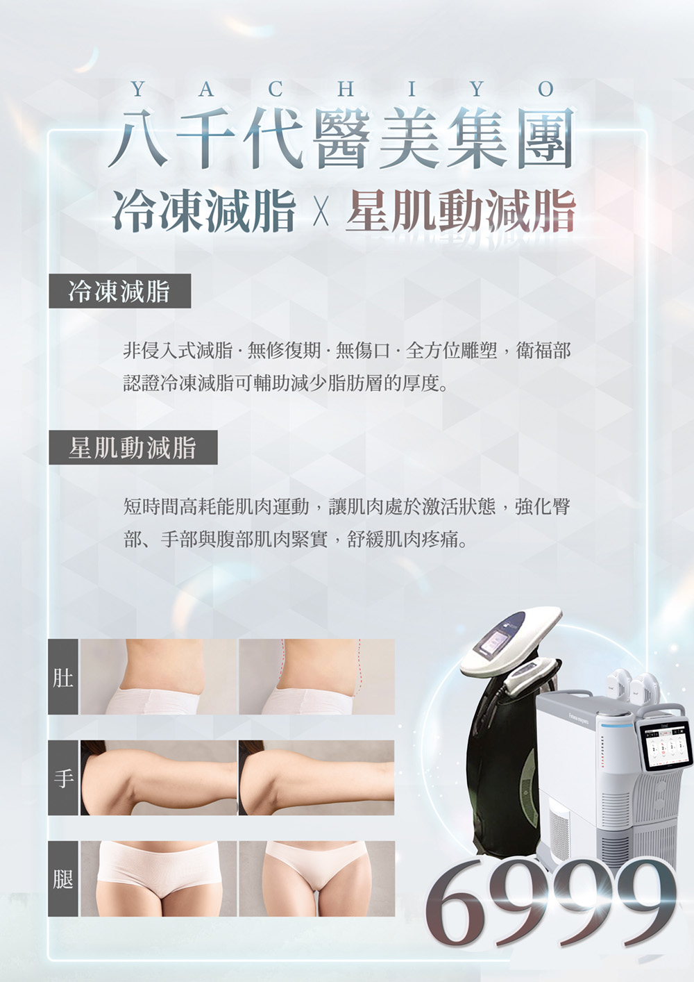 八千代醫美集團冷凍減脂 × 星肌動減脂療程宣傳海報，主打非侵入式冷凍減脂技術，安全無修復期、無傷口，幫助減少脂肪厚度；搭配星肌動減脂高耗能肌肉運動，強化臀部、手臂與腹部肌肉緊實，改善鬆弛與脂肪堆積問題。療程價格 $6999，適合想雕塑曲線、打造窈窕體態者，圖片展示腹部、手臂、大腿減脂前後對比效果。