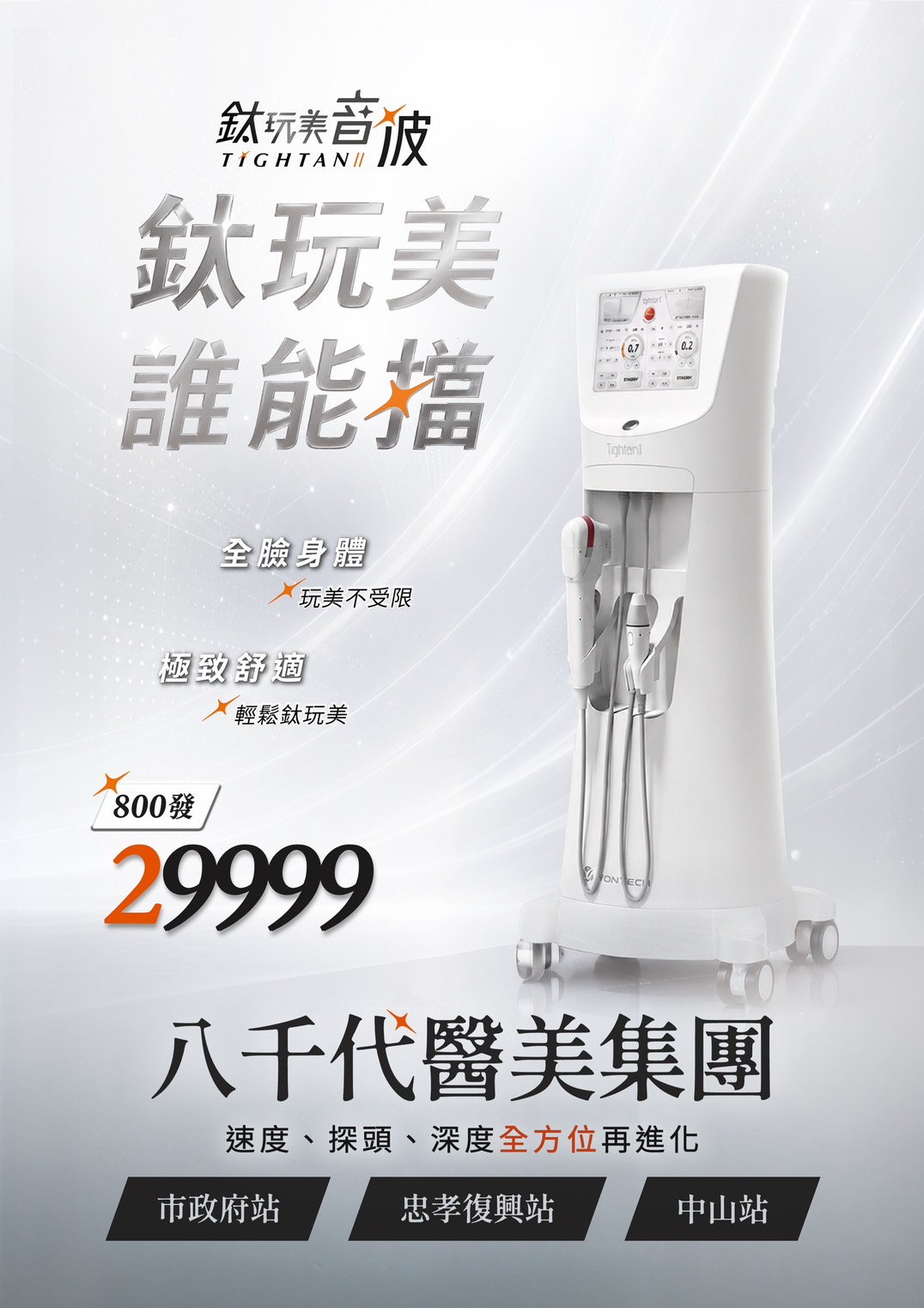 八千代醫美集團推出鈦玩美音波 TIGHTAN II 醫美療程，採用聚焦超音波技術，適用於全臉及身體不同部位，強調舒適體驗與多深度探頭設計。鈦玩美音波800發優惠價29,999元，提供台北市政府站、忠孝復興站及中山站等據點諮詢服務。