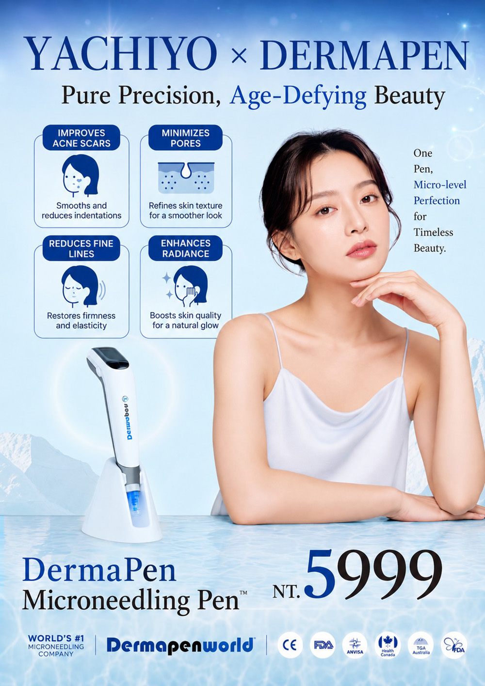 YACHIYO × DERMAPEN 微針美容筆形象廣告，Dermapen Microneedling Pen 主打改善痘疤、毛孔粗大、細紋與提升肌膚光澤，活動價格 NT$5,999。