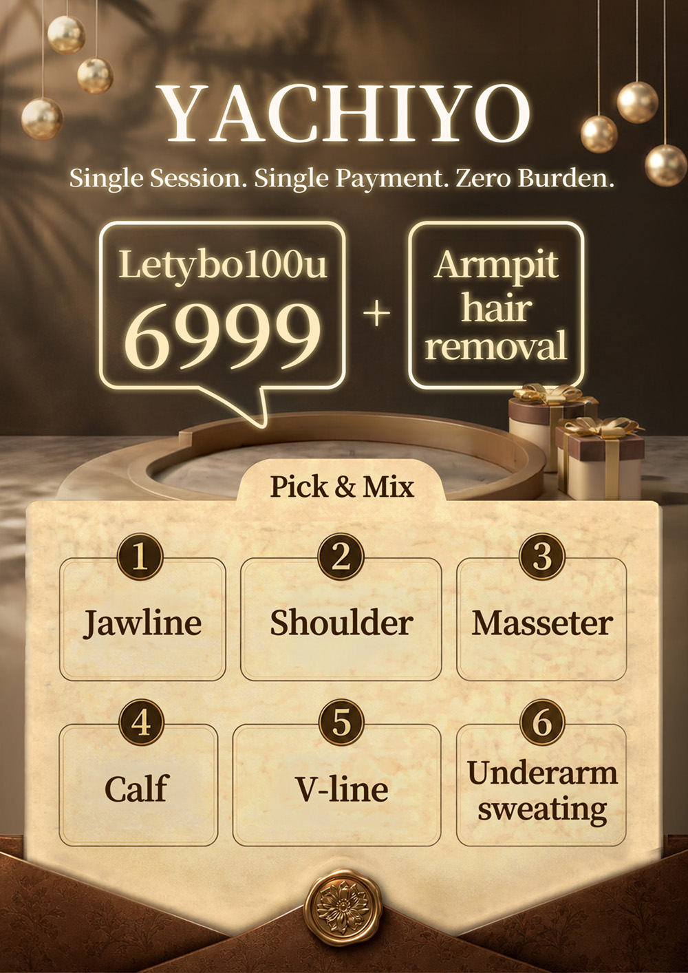 YACHIYO Letybo 100U 6999 療程優惠搭配腋下除毛，可依需求選擇下顎線、肩膀、咬肌、小腿、V臉及腋下多汗等部位，單次療程單次付款。